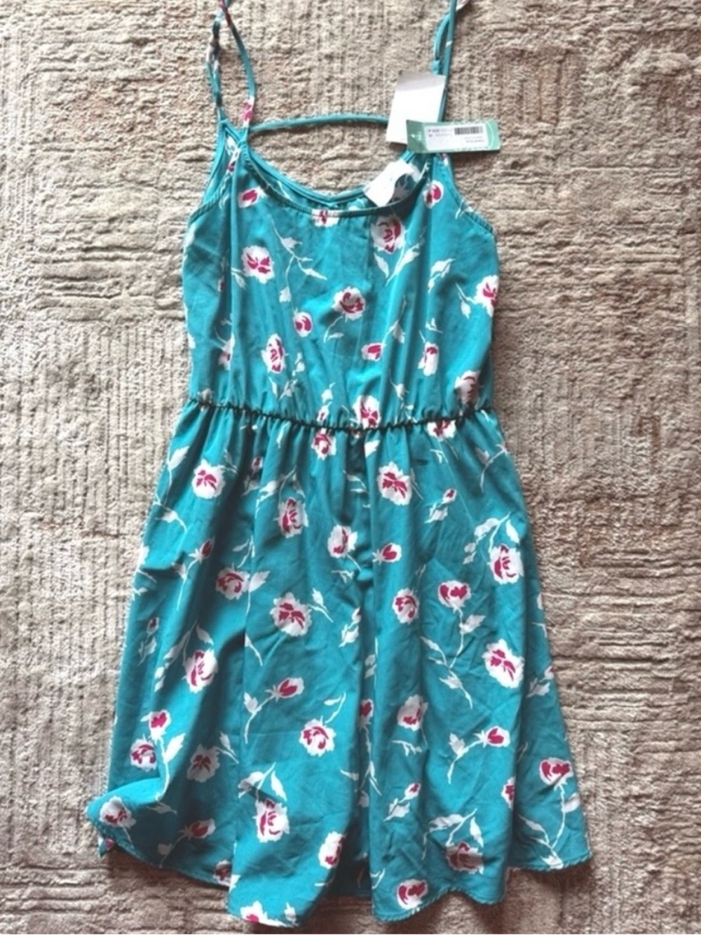 French Grey Teal Floral Mini Dress with Pink Accents